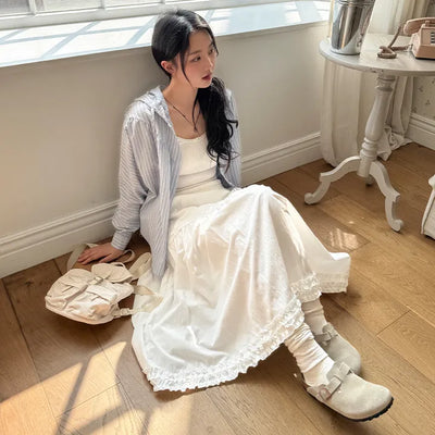 Bittan Ribbon Lace Frill Tiered Elastic Long Skirt