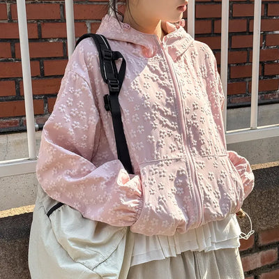 Foaming Flower Embossed String Hooded Zip-Up Windbreaker Jumper