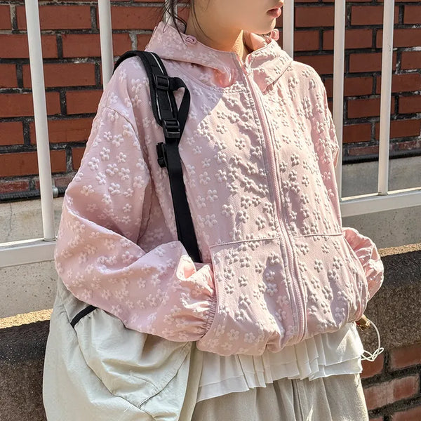 Foaming Flower Embossed String Hooded Zip-Up Windbreaker Jumper