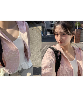 Foaming Flower Embossed String Hooded Zip-Up Windbreaker Jumper