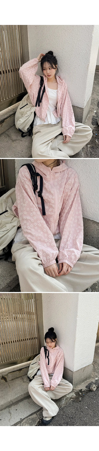 Foaming Flower Embossed String Hooded Zip-Up Windbreaker Jumper