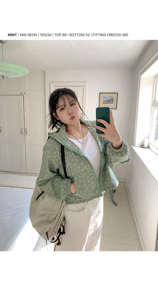 Foaming Flower Embossed String Hooded Zip-Up Windbreaker Jumper