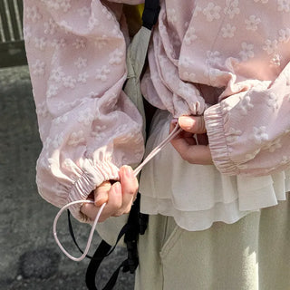 Foaming Flower Embossed String Hooded Zip-Up Windbreaker Jumper