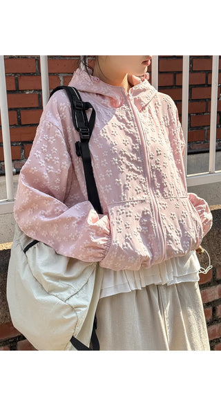 Foaming Flower Embossed String Hooded Zip-Up Windbreaker Jumper