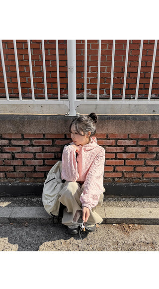 Foaming Flower Embossed String Hooded Zip-Up Windbreaker Jumper