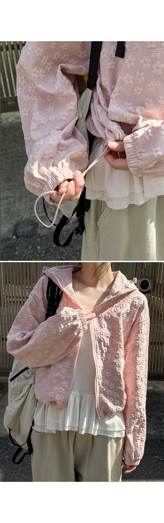 Foaming Flower Embossed String Hooded Zip-Up Windbreaker Jumper