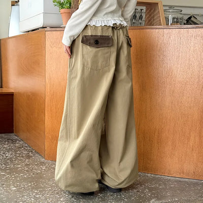 Robelle Cotton Pintuck Check Contrast Back Pocket Wide Elastic Waist Pants