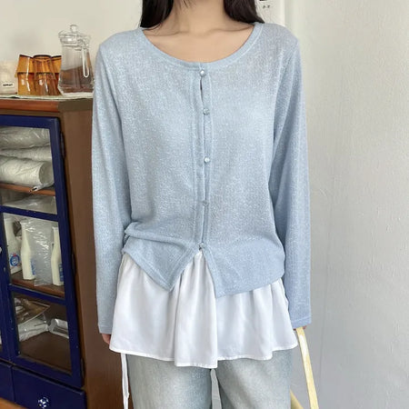 Chaaru See-through Semi-Crop Round Long Sleeve Cardigan