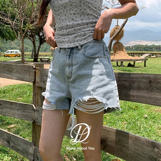Cat Damage Wash Back Elastic Denim Shorts Ripped Jeans