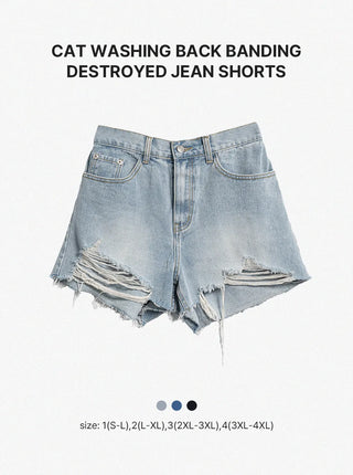 Cat Damage Wash Back Elastic Denim Shorts Ripped Jeans
