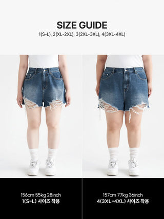 Cat Damage Wash Back Elastic Denim Shorts Ripped Jeans