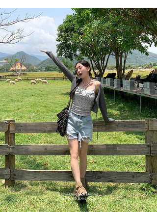 Cat Damage Wash Back Elastic Denim Shorts Ripped Jeans