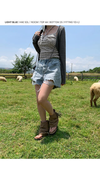 Cat Damage Wash Back Elastic Denim Shorts Ripped Jeans