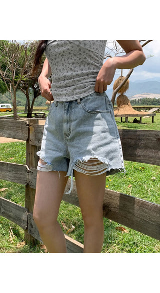 Cat Damage Wash Back Elastic Denim Shorts Ripped Jeans