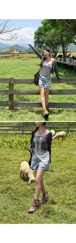Cat Damage Wash Back Elastic Denim Shorts Ripped Jeans