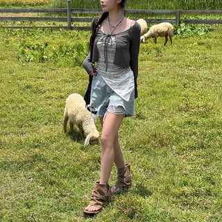 Cat Damage Wash Back Elastic Denim Shorts Ripped Jeans
