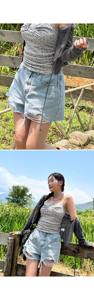 Cat Damage Wash Back Elastic Denim Shorts Ripped Jeans