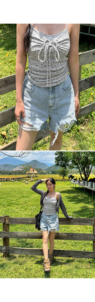Cat Damage Wash Back Elastic Denim Shorts Ripped Jeans