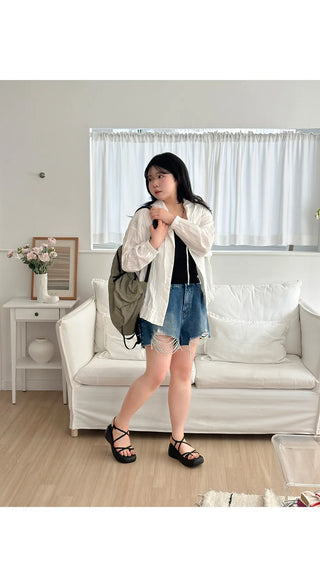 Cat Damage Wash Back Elastic Denim Shorts Ripped Jeans