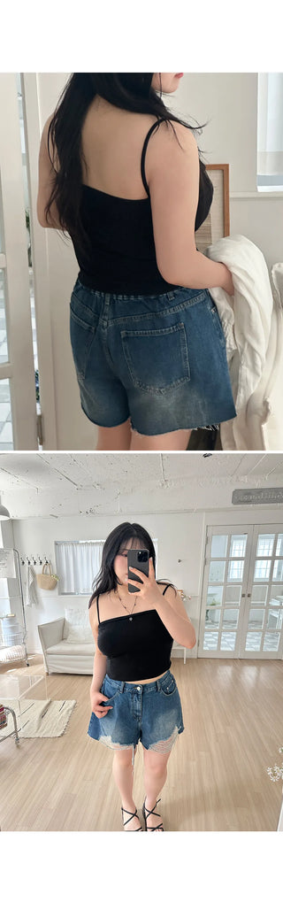 Cat Damage Wash Back Elastic Denim Shorts Ripped Jeans
