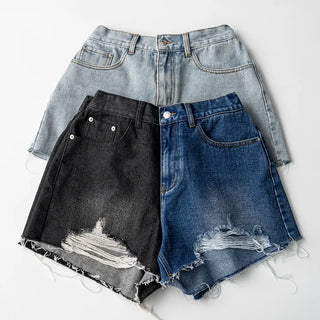 Cat Damage Wash Back Elastic Denim Shorts Ripped Jeans