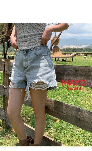 Cat Damage Wash Back Elastic Denim Shorts Ripped Jeans