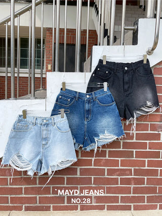 Cat Damage Wash Back Elastic Denim Shorts Ripped Jeans