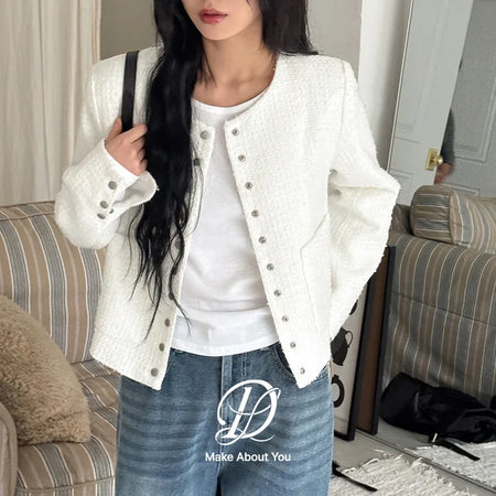 Tibel Tweed Semi-Crop Snap Button Collarless Wool Jacket Wedding Guest Look