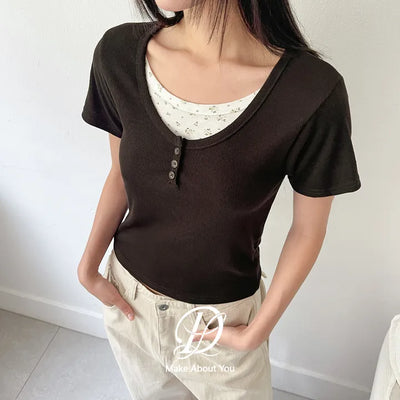 Tina Flower Color Block Rayon Ribbed Button Layered Short Sleeve T-shirt
