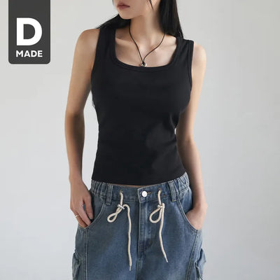 Basic Stretch Square Neck Ribbed Semi-Crop Sleeveless