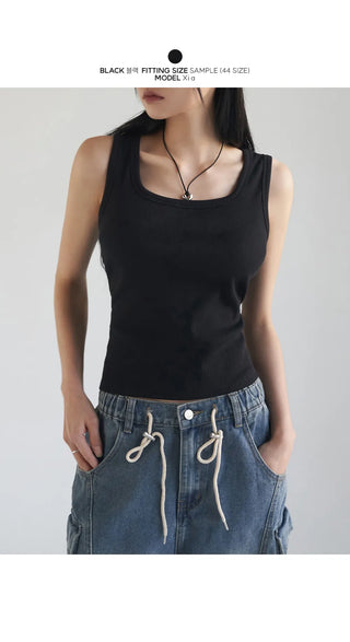 Basic Stretch Square Neck Ribbed Semi-Crop Sleeveless
