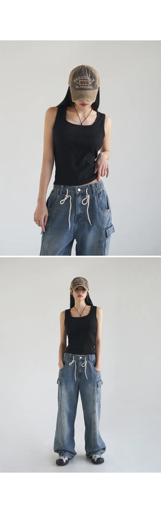 Basic Stretch Square Neck Ribbed Semi-Crop Sleeveless