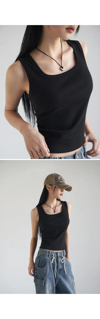 Basic Stretch Square Neck Ribbed Semi-Crop Sleeveless