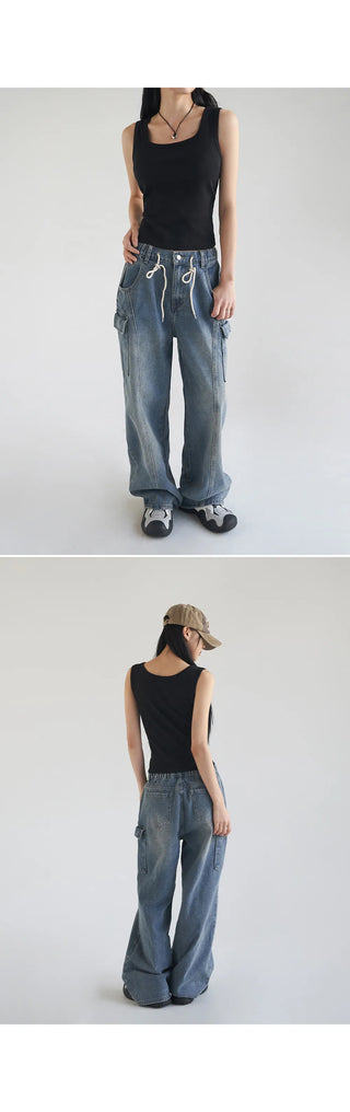Basic Stretch Square Neck Ribbed Semi-Crop Sleeveless