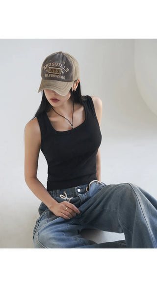 Basic Stretch Square Neck Ribbed Semi-Crop Sleeveless