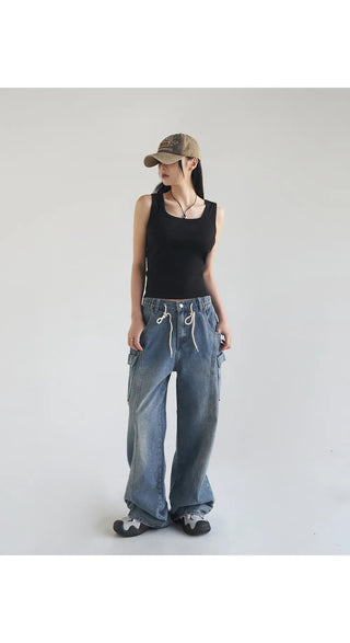 Basic Stretch Square Neck Ribbed Semi-Crop Sleeveless