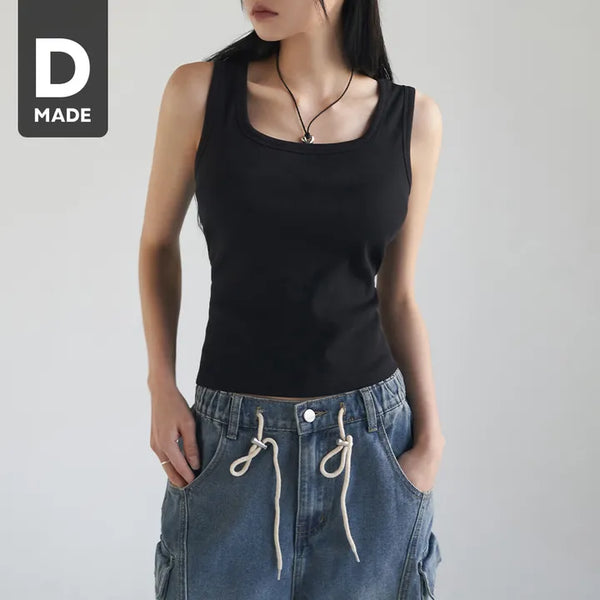 Basic Stretch Square Neck Ribbed Semi-Crop Sleeveless