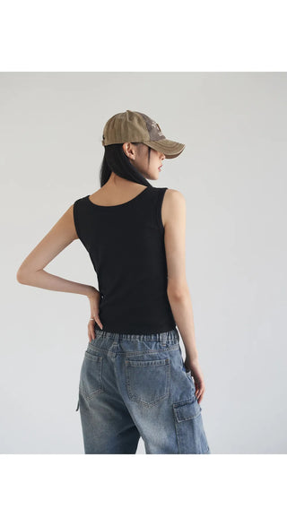 Basic Stretch Square Neck Ribbed Semi-Crop Sleeveless