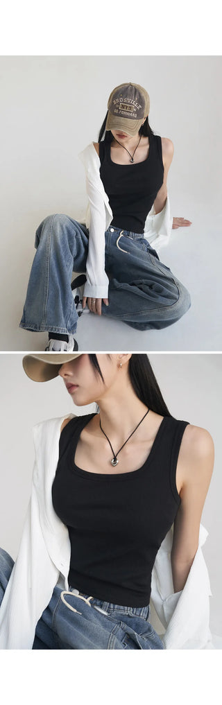 Basic Stretch Square Neck Ribbed Semi-Crop Sleeveless