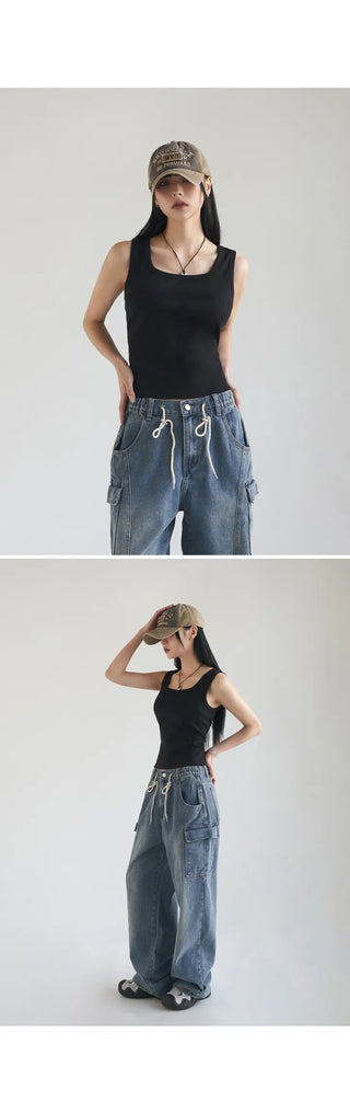 Basic Stretch Square Neck Ribbed Semi-Crop Sleeveless