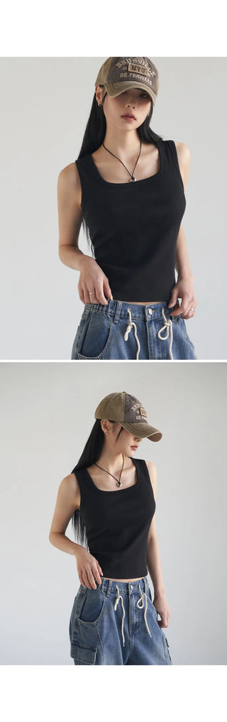 Basic Stretch Square Neck Ribbed Semi-Crop Sleeveless