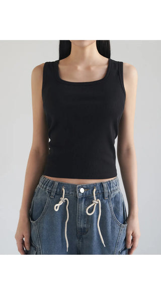 Basic Stretch Square Neck Ribbed Semi-Crop Sleeveless