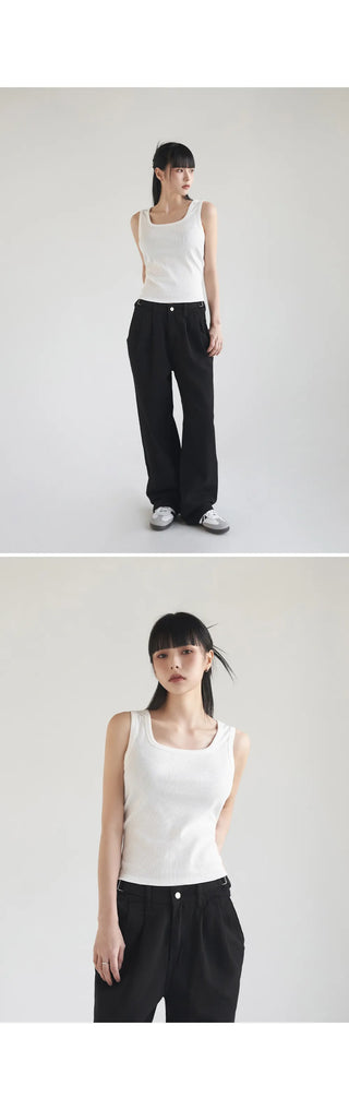 Basic Stretch Square Neck Ribbed Semi-Crop Sleeveless