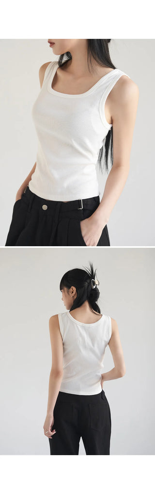 Basic Stretch Square Neck Ribbed Semi-Crop Sleeveless