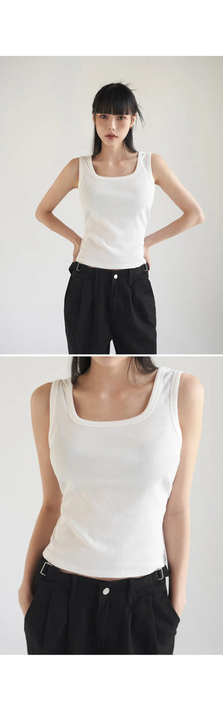 Basic Stretch Square Neck Ribbed Semi-Crop Sleeveless