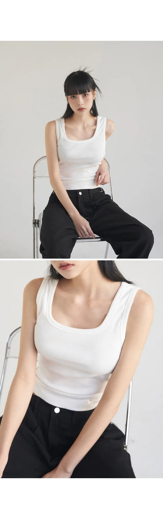 Basic Stretch Square Neck Ribbed Semi-Crop Sleeveless