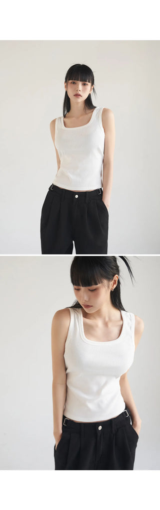 Basic Stretch Square Neck Ribbed Semi-Crop Sleeveless
