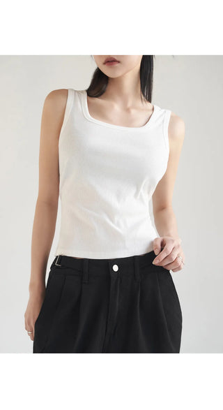 Basic Stretch Square Neck Ribbed Semi-Crop Sleeveless