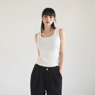 Basic Stretch Square Neck Ribbed Semi-Crop Sleeveless
