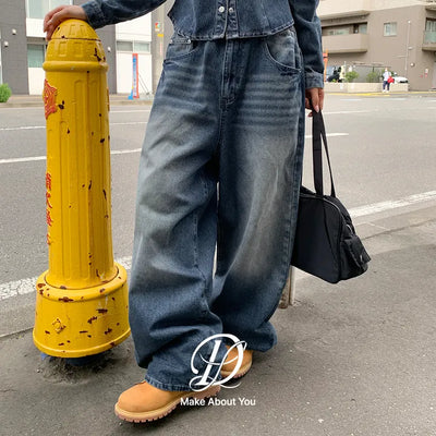Gamelts Snap Two-Way Vintage Washed Wide All-Elastic Denim Pants Jeans